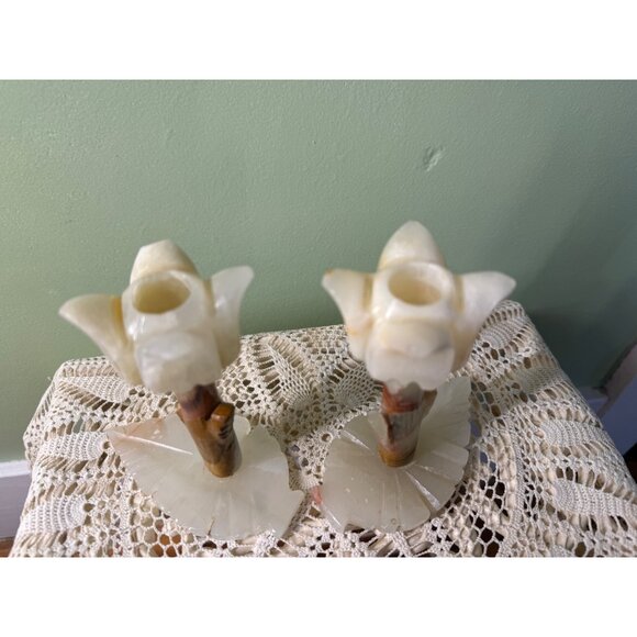 Vintage MCM Carved Onyx Flower Candle Stick Holders - Picture 2 of 16